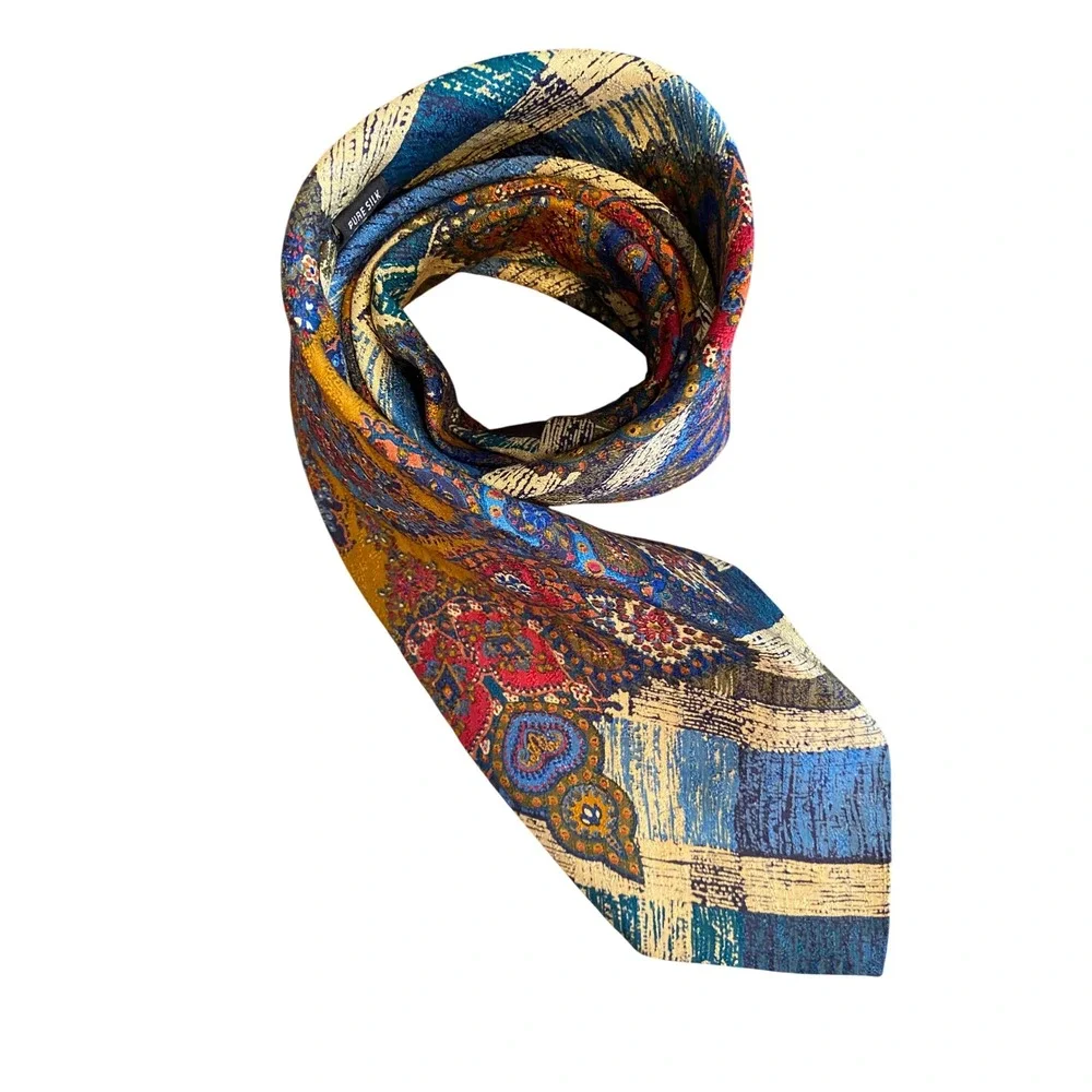 Balenciaga Paris Pour Homme Silk Tie Blue‎ Gold Paisley Abstract Geometric Italy